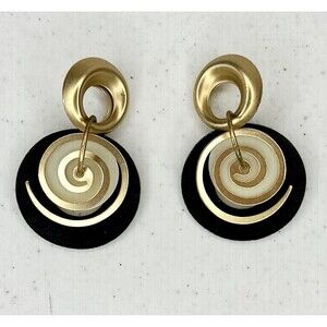 Vintage Pierced Earrings Metal & Wood Bohemian Tribal Earrings Gold & Black‎